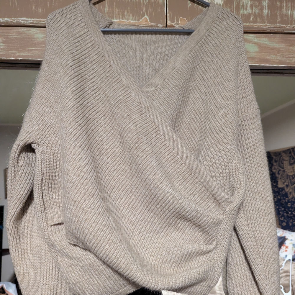 SHEIN Tan V-Neck Wrap Sweater